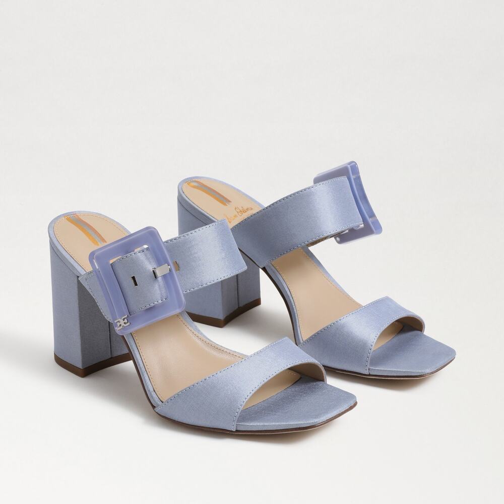New Sam Edelman Dalton Blue Satin Slip On Block Heel Sandals Women's Size 10